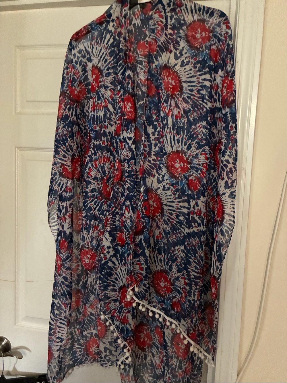 Navy and Red Floral Sheer Kimono Shrug with Pom Trim